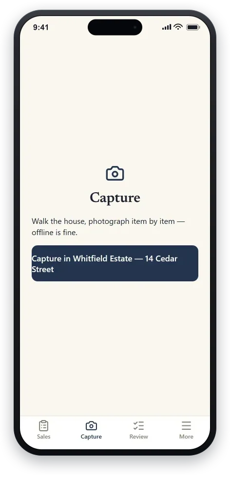 The TagLot Capture screen: “Walk the house, photograph item by item — offline is fine,” with a button to start capturing the open sale.