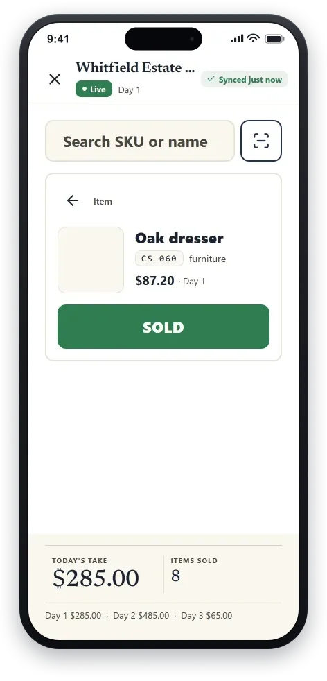 The TagLot Sale-Day screen: a live sale with a search bar, an item pulled up at today’s price with a big “Sold” button, and a running “today’s take / items sold” total along the bottom.