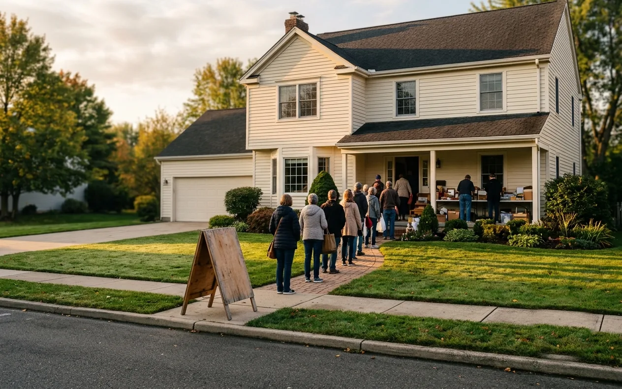 A golden-hour estate-sale morning: shoppers queued up the front walk of a two-story cream house, sale tables on the porch, and a wooden A-frame sign near the sidewalk.