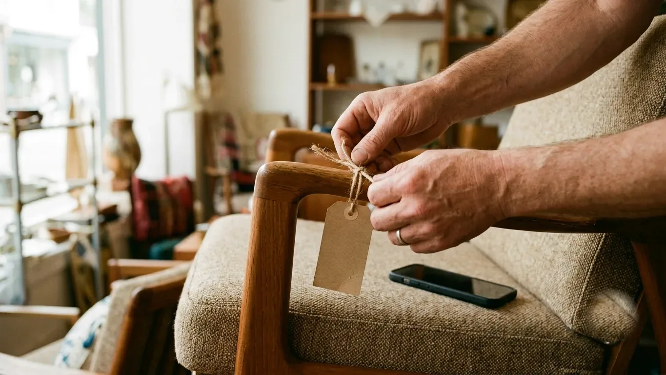 Hands tying a kraft price tag to the arm of a mid-century chair, a phone resting nearby.
