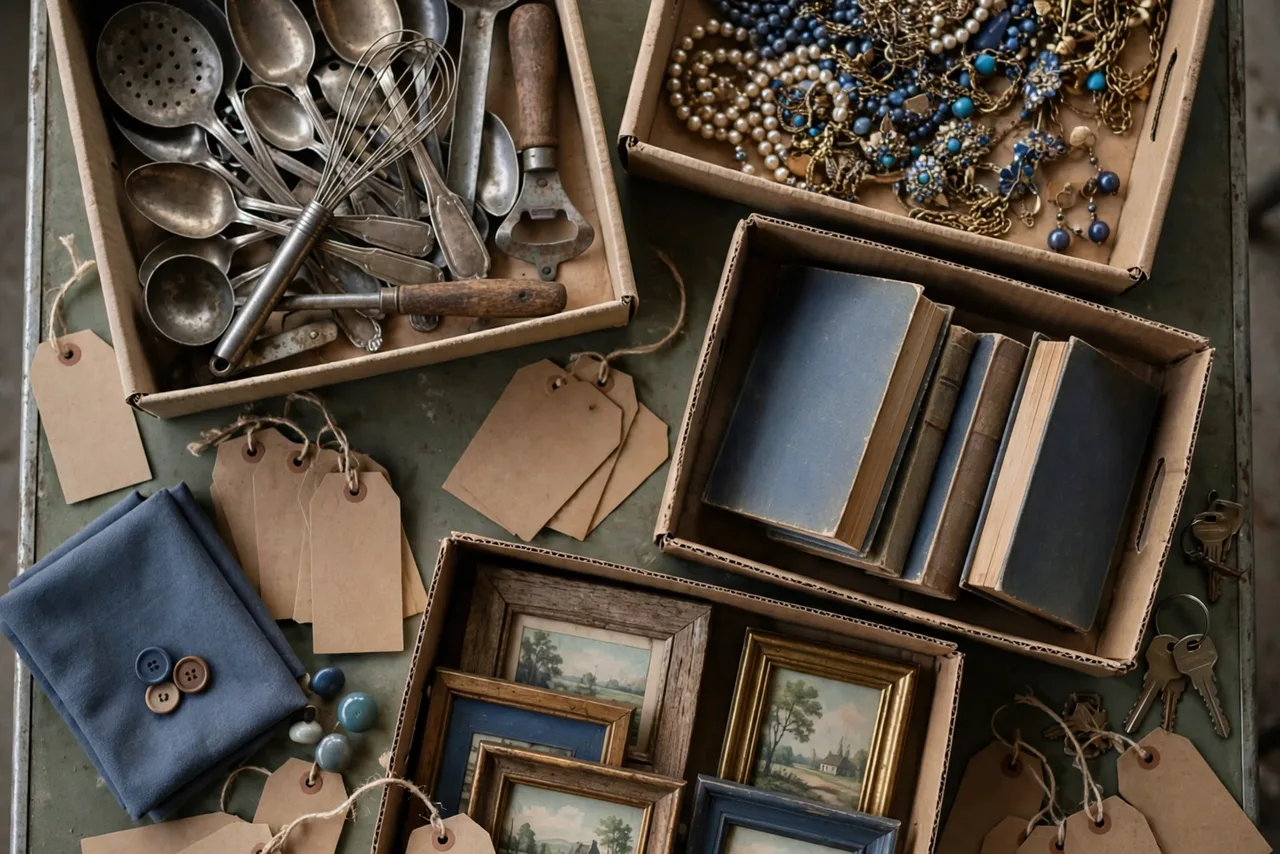 Top-down view of sorted box lots — vintage utensils, jewelry, books, and framed prints — tagged on a work table.