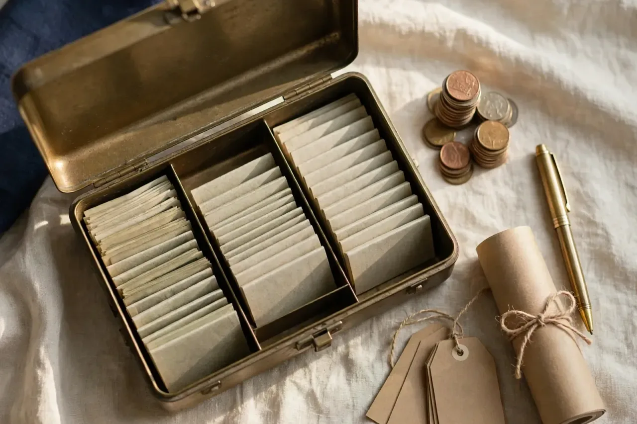 An open brass cash box with three compartments of neatly filed slips beside a stack of coins, a pen, and a roll of kraft price tags at a sale-day checkout.