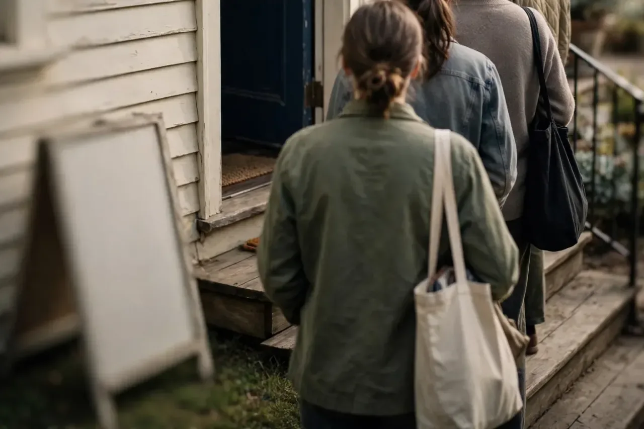 Shoppers with tote bags wait in line up the porch steps of a clapboard house as an estate sale opens for the morning, a blank sign board propped at the curb.