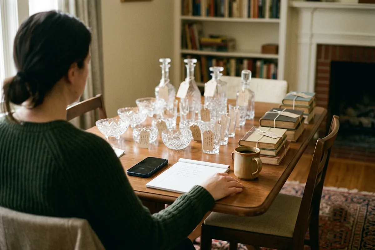 A person at a dining table reviewing tagged glassware and books, a phone and notepad at hand.