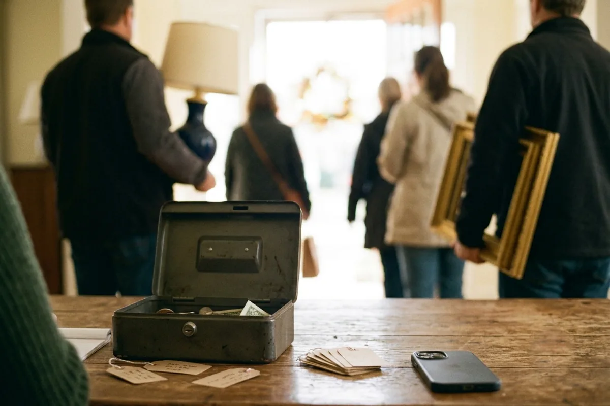 Sale day — buyers carrying their finds toward the door, a cash box and tags on the entry table.